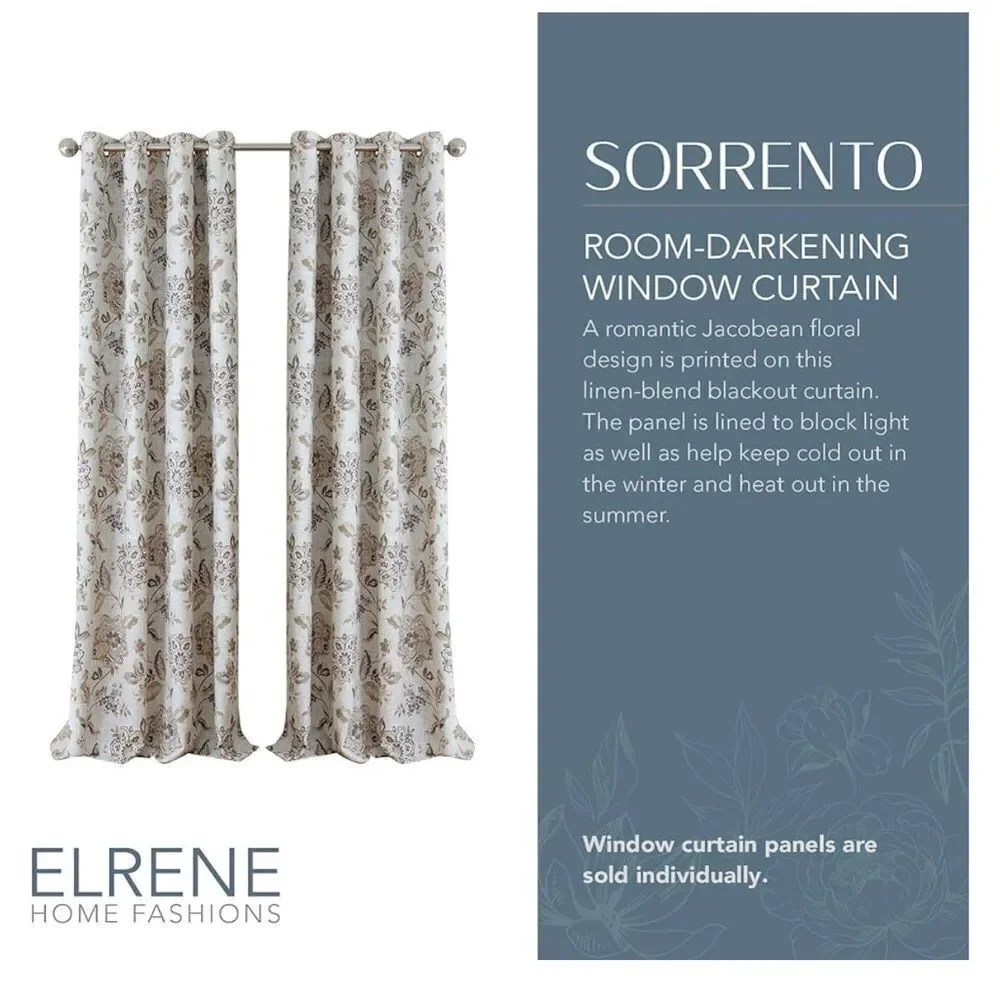 Elrene Home Sorrento Jacobean Floral Darkening single panel, 52 x 84” Natural